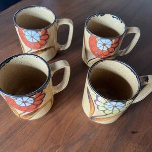 Vintage Set of Four Stoneware Flower Coffee Mug cup